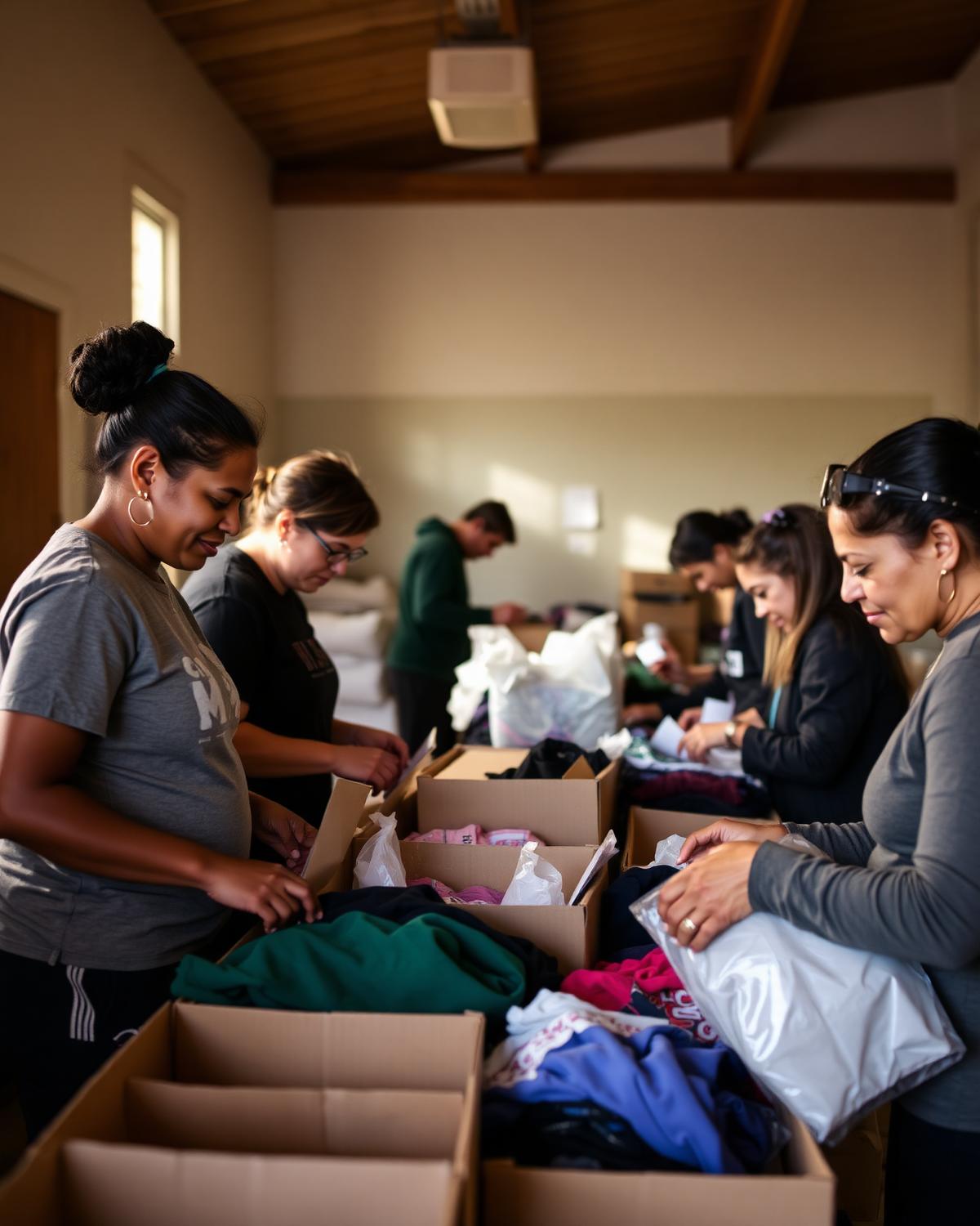Volunteers organizing donated clothing and care packages at the shelter