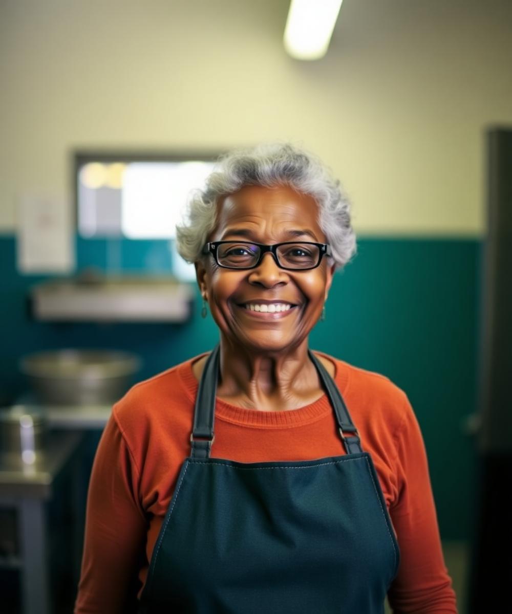 Portrait of Miss Loretta, lead kitchen volunteer since 2012