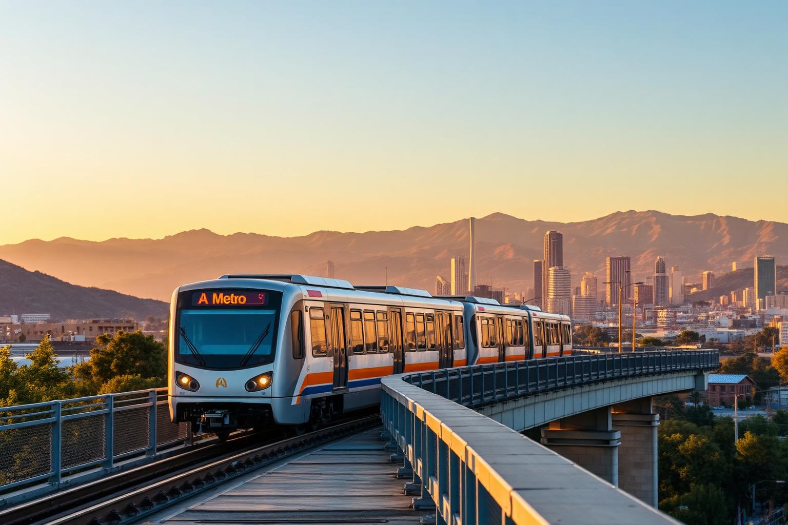 LA Metro A Line train crossing an elevated bridge at sunset