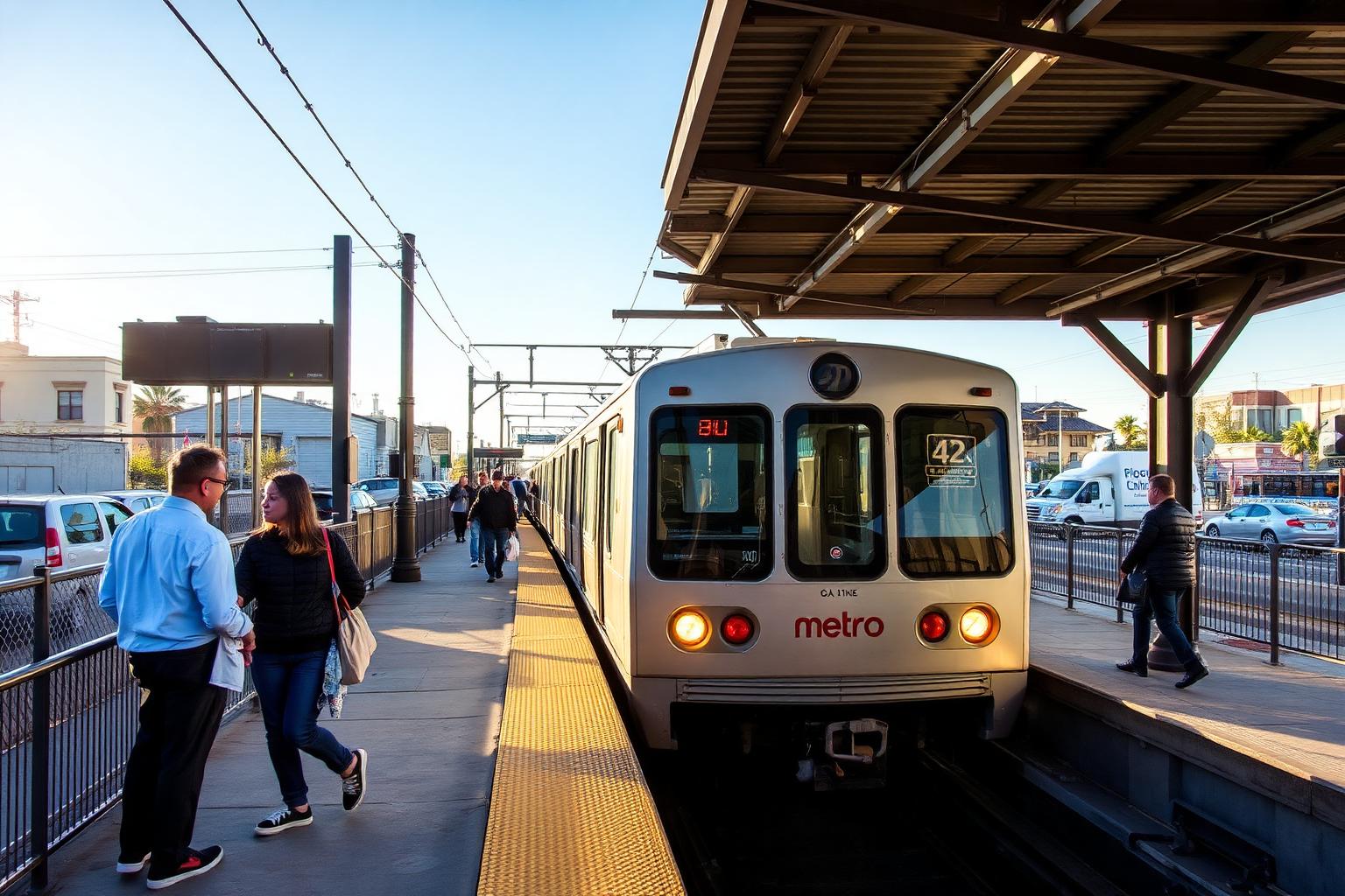 LA Metro Gold Line train at a station platform with passengers boarding