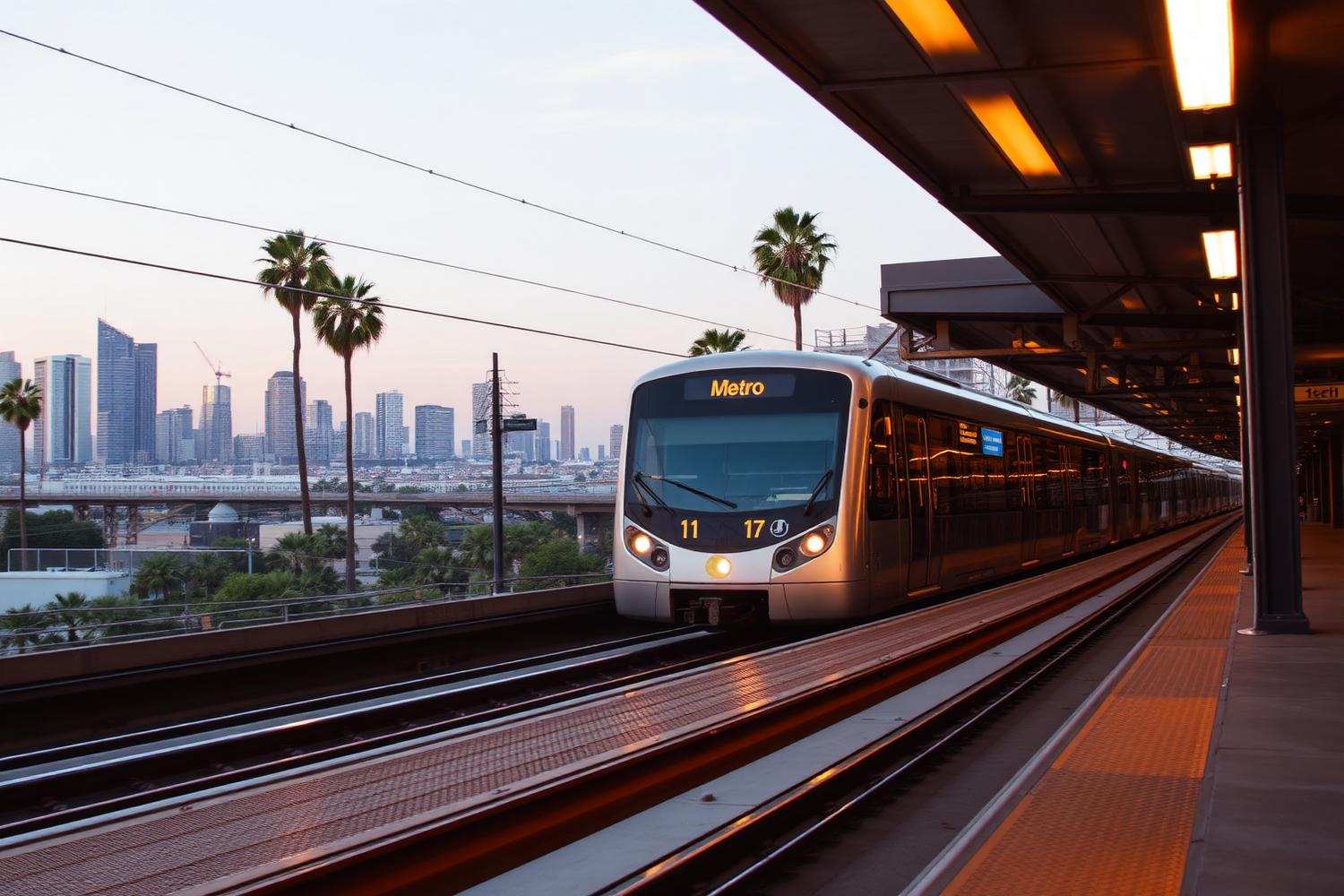 LA Metro light rail train arriving at an elevated station with the downtown skyline behind