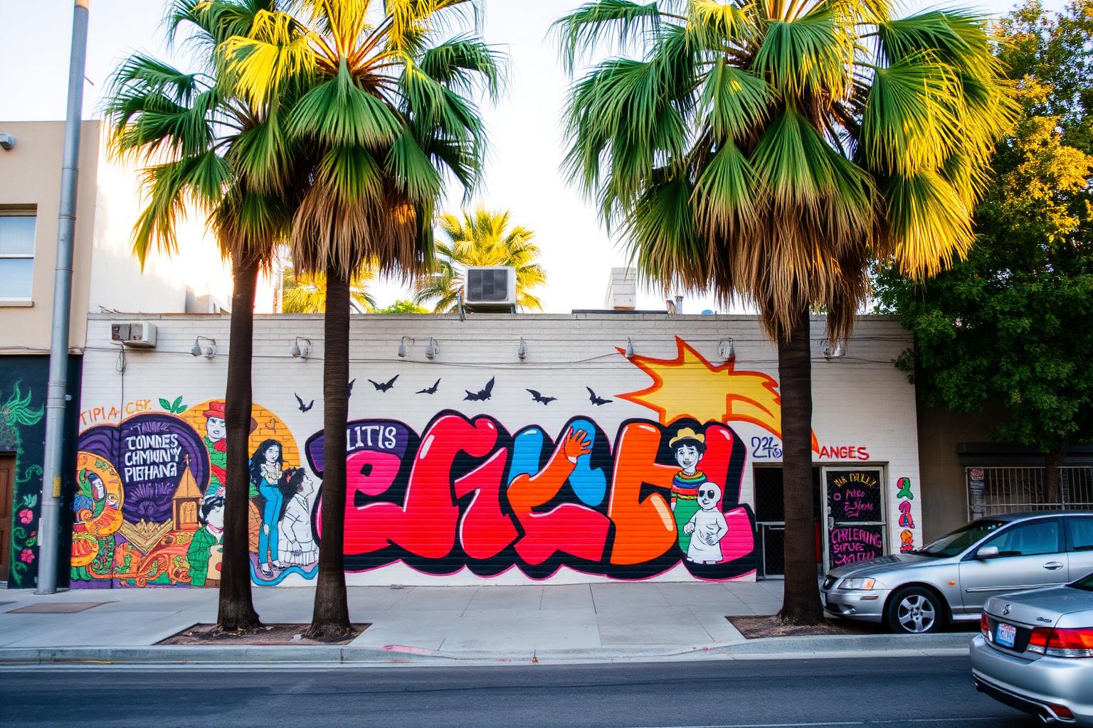 Vibrant community mural on a wall in South Los Angeles framed by palm trees