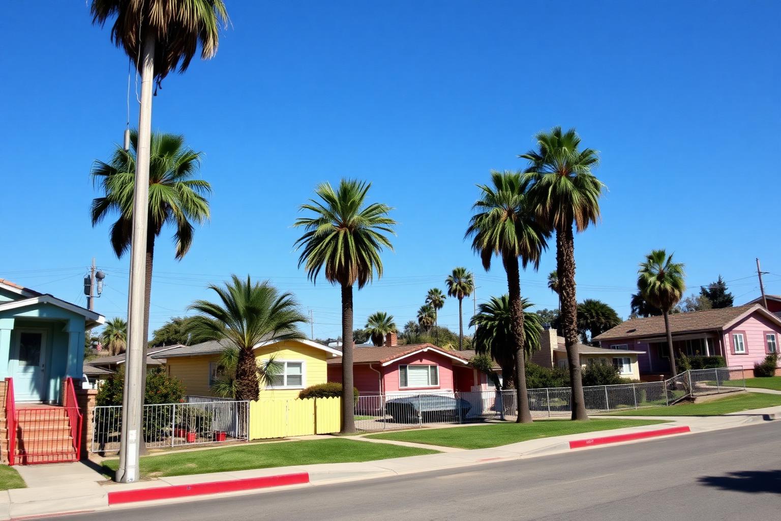 Colorful single-story houses along a South Los Angeles residential street under a blue sky