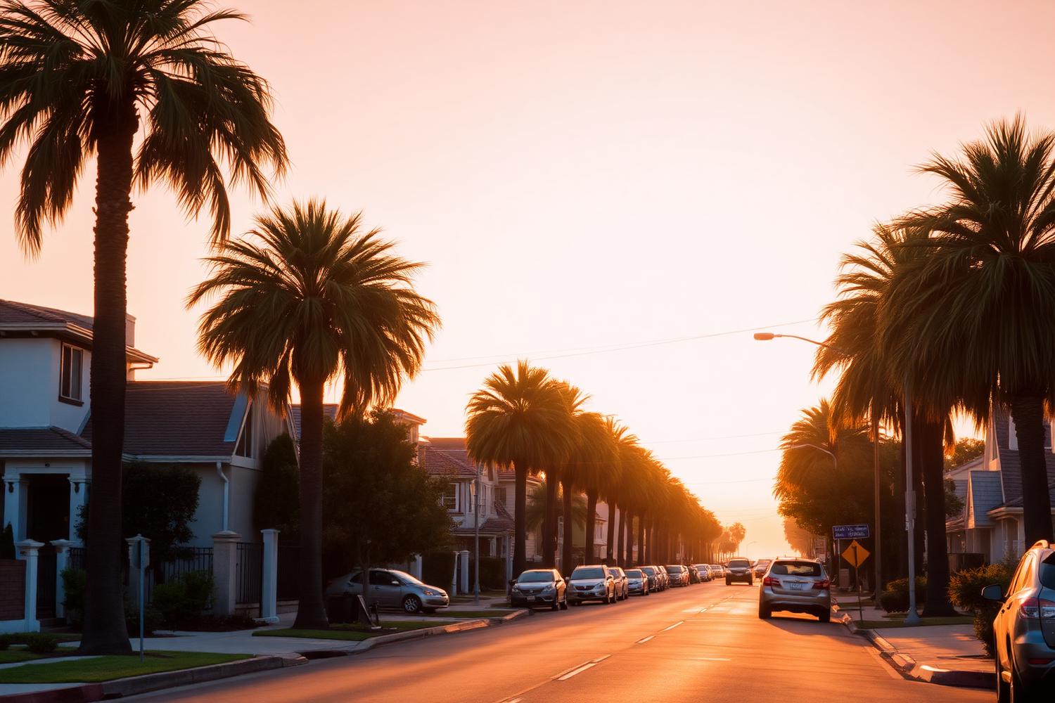 South Los Angeles street lined with palm trees at golden hour
